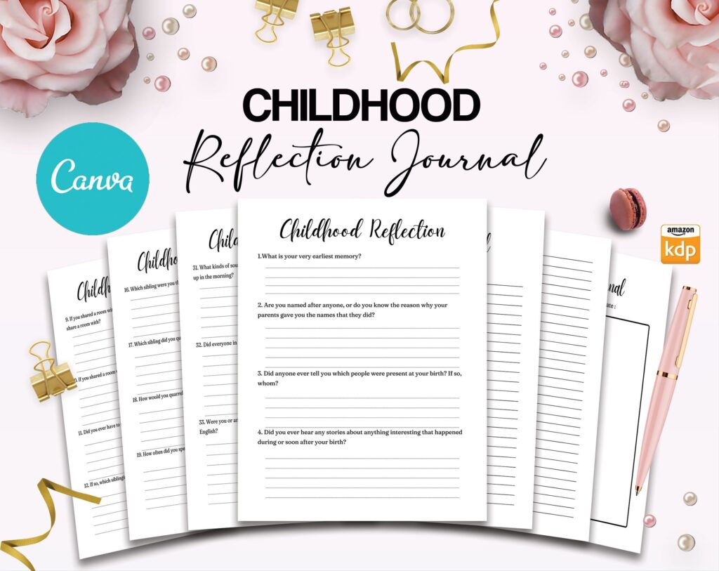 Childhood Reflection guided journal With Prompts 30 Editable Templates 100 questions, 8.5×11″ Canva KDP Planner editable interiors Bundle COMMERCIAL Use
