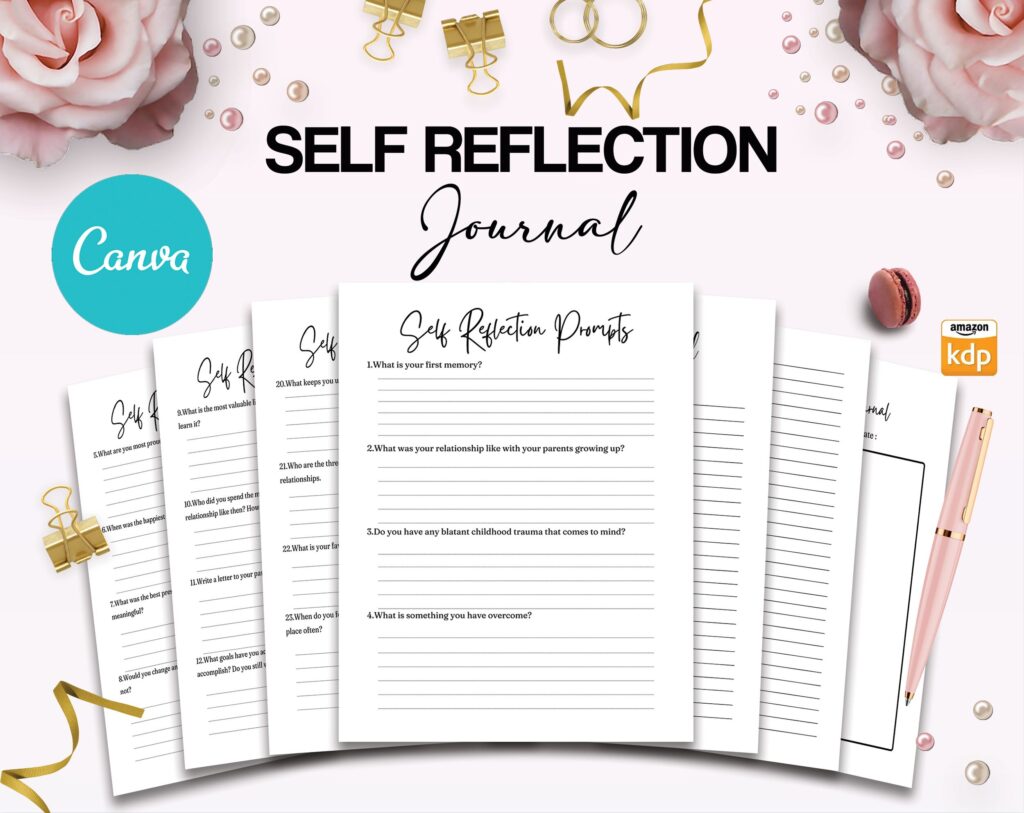 Self-Reflection guided journal With Prompts 30 Editable Templates 100 questions, 8.5×11″ Canva KDP Planner editable interiors Bundle COMMERCIAL Use