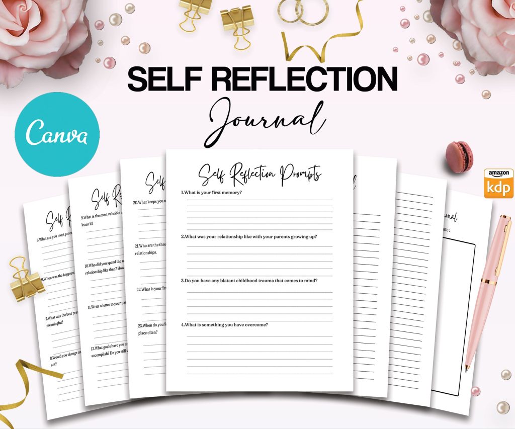Self-Reflection guided journal With Prompts 30 Editable Templates 100 questions, 8.5×11″ Canva KDP Planner editable interiors Bundle COMMERCIAL Use