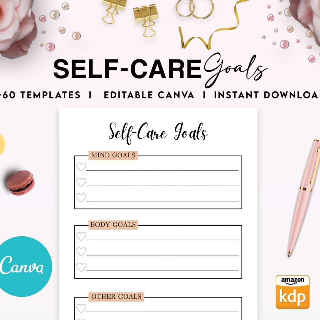 Self-care self love wellness, guided journal With Prompts 63 Editable Templates, 8.5×11″ Canva KDP Planner editable interiors Bundle COMMERCIAL Use