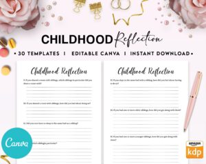 Childhood Reflection guided journal With Prompts 30 Editable Templates 100 questions, 8.5×11″ Canva KDP Planner editable interiors Bundle COMMERCIAL Use