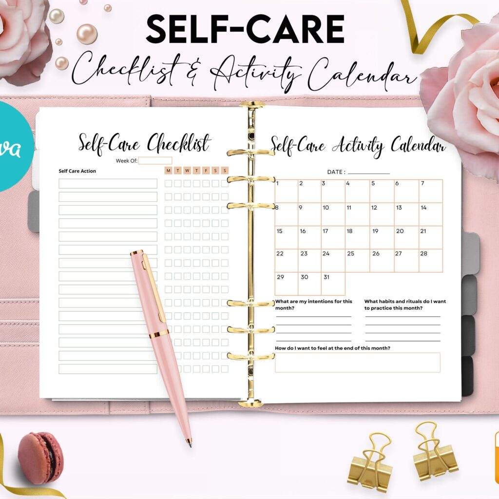 Self-care self love wellness, guided journal With Prompts 63 Editable Templates, 8.5×11″ Canva KDP Planner editable interiors Bundle COMMERCIAL Use