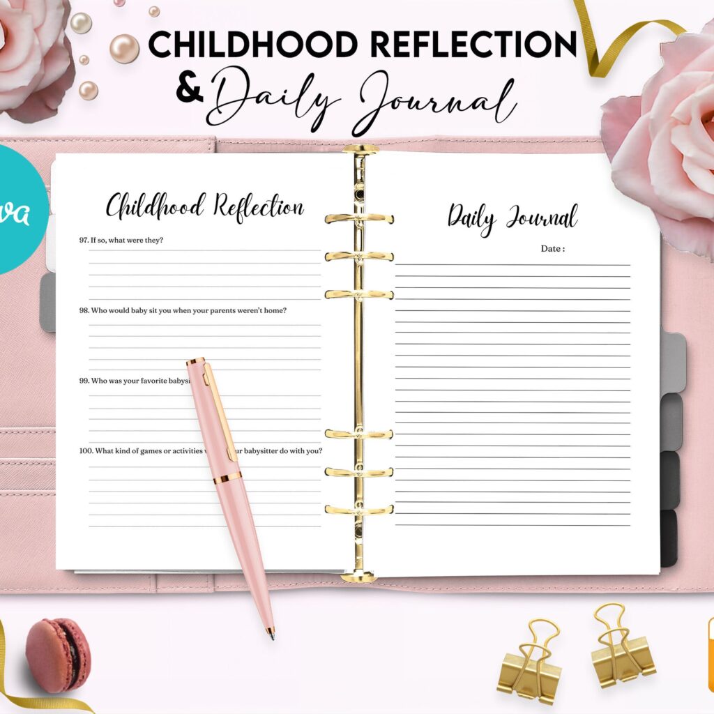 Childhood Reflection guided journal With Prompts 30 Editable Templates 100 questions, 8.5×11″ Canva KDP Planner editable interiors Bundle COMMERCIAL Use
