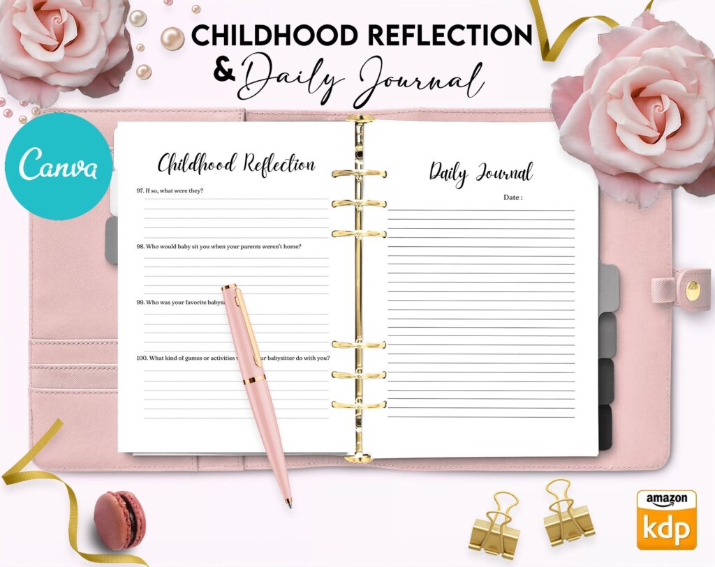 Childhood Reflection guided journal With Prompts 30 Editable Templates 100 questions, 8.5×11″ Canva KDP Planner editable interiors Bundle COMMERCIAL Use