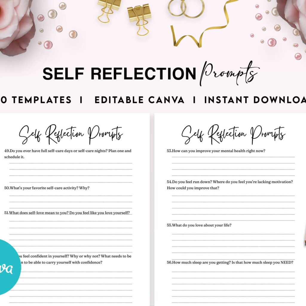 Self-Reflection guided journal With Prompts 30 Editable Templates 100 questions, 8.5×11″ Canva KDP Planner editable interiors Bundle COMMERCIAL Use