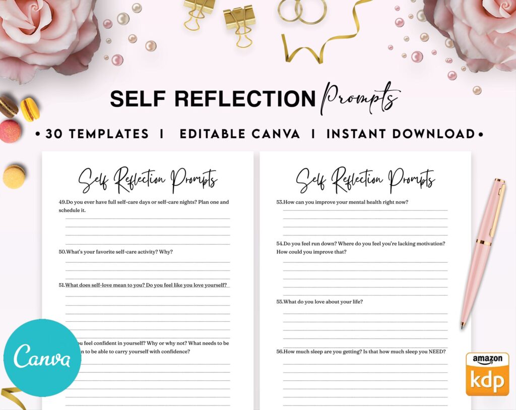 Self-Reflection guided journal With Prompts 30 Editable Templates 100 questions, 8.5×11″ Canva KDP Planner editable interiors Bundle COMMERCIAL Use
