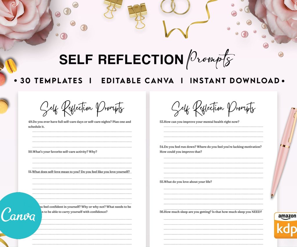 Self-Reflection guided journal With Prompts 30 Editable Templates 100 questions, 8.5×11″ Canva KDP Planner editable interiors Bundle COMMERCIAL Use
