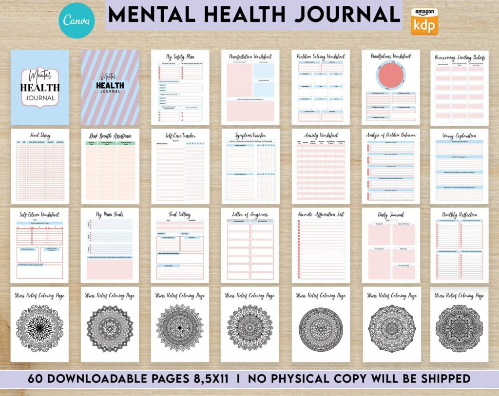Mental Health guided therapy journal With Prompts 60 Editable Templates, 8.5×11″ Canva KDP Planner editable interiors Bundle COMMERCIAL Use