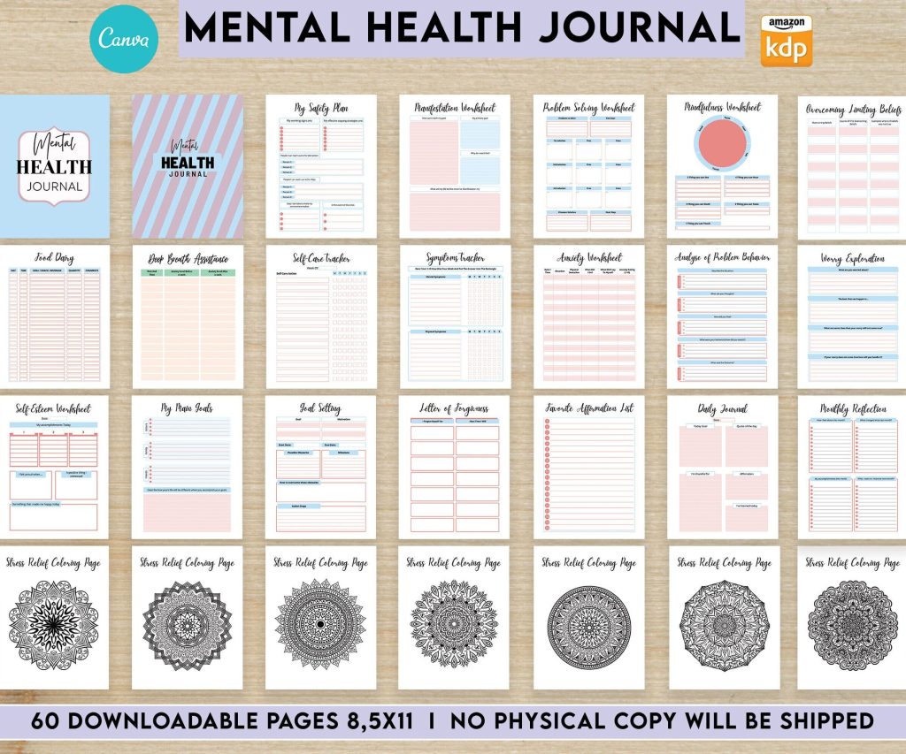 Mental Health guided therapy journal With Prompts 60 Editable Templates, 8.5×11″ Canva KDP Planner editable interiors Bundle COMMERCIAL Use