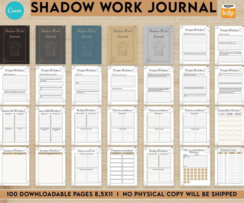 Shadow work guided journal With Prompts 100 Editable Templates, 8.5×11″ Canva KDP Planner editable interiors Bundle COMMERCIAL Use