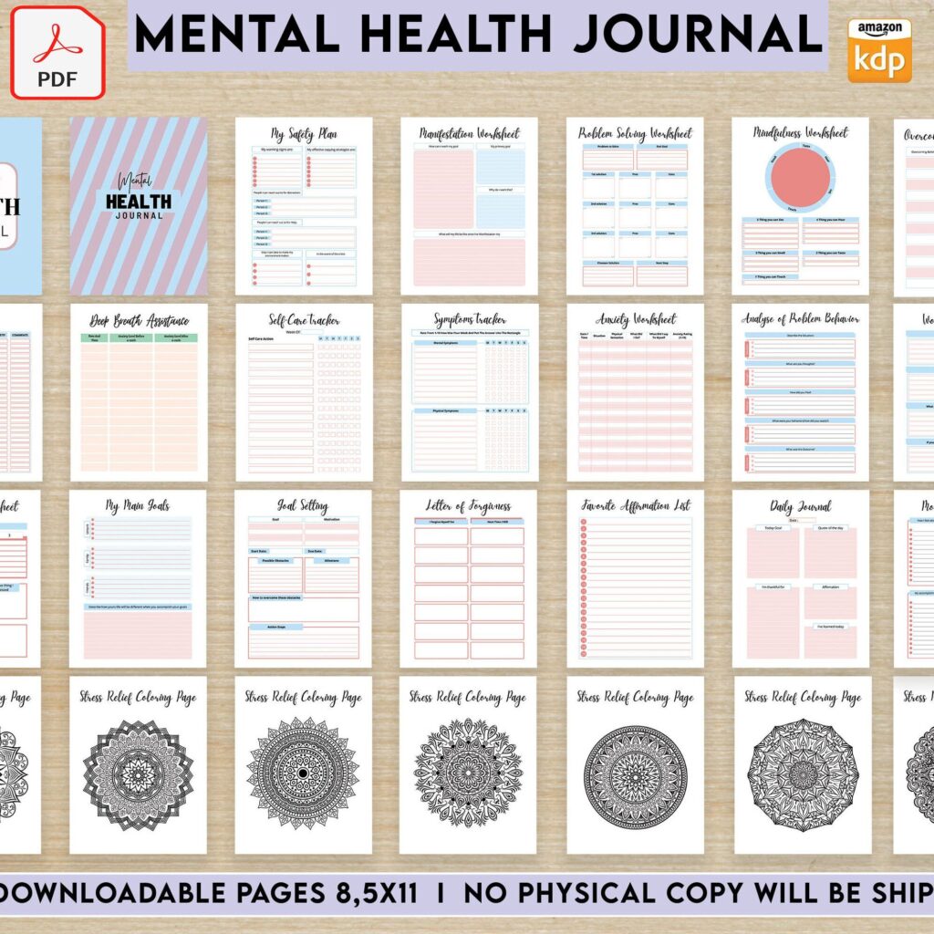 Mental Health Guided therapy journal With Prompts 60 Pages, 8.5×11″ PDF KDP Planner interiors COMMERCIAL Use
