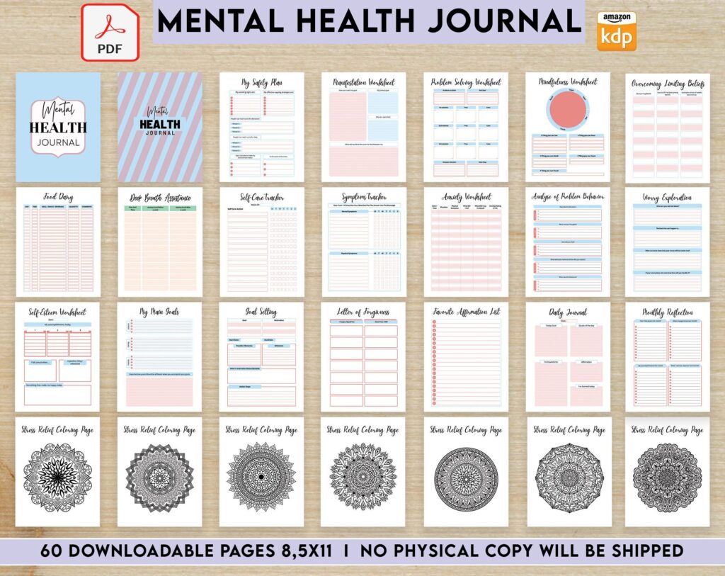 Mental Health Guided therapy journal With Prompts 60 Pages, 8.5×11″ PDF KDP Planner interiors COMMERCIAL Use