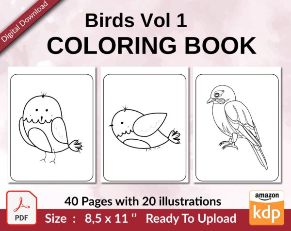 Birds Vol 1 Coloring book KDP interior For Kids aged 2-4 4-8, 8.5×11 PDF FILE Used as Low Content Book, birds coloring book vol 1, Ready To Upload COMMERCIAL Use