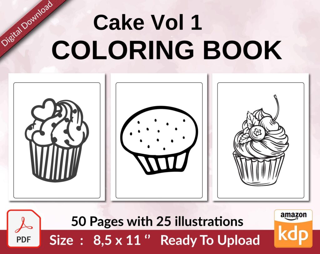 Cake Vol 1 Coloring book, KDP interior For Kids aged 2-4 4-8, 8.5×11 PDF FILE Used as Low Content Book, Ready To Upload COMMERCIAL Use