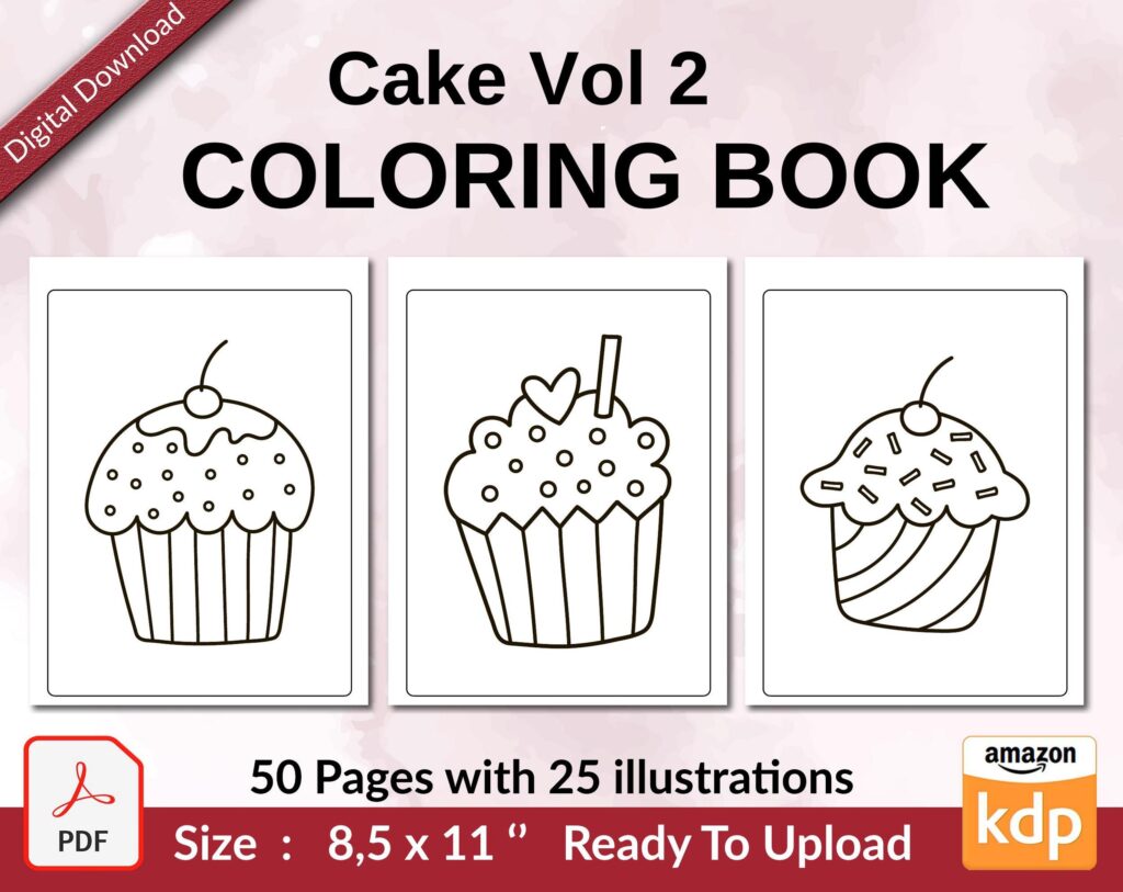 Cake Vol 2 Coloring book KDP interior For Kids aged 2-4 4-8, 8.5×11 PDF FILE Used as Low Content Book, Ready To Upload COMMERCIAL Use
