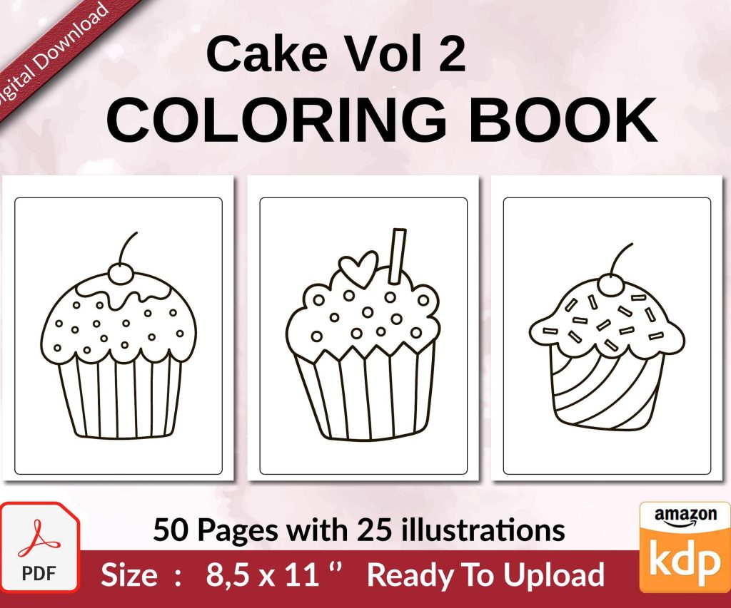 Cake Vol 2 Coloring book KDP interior For Kids aged 2-4 4-8, 8.5×11 PDF FILE Used as Low Content Book, Ready To Upload COMMERCIAL Use