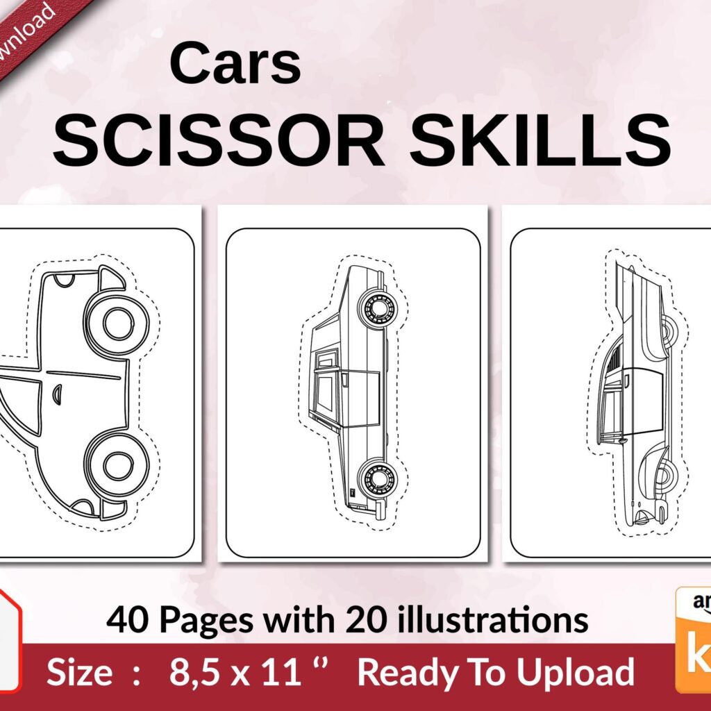 scissor skills printable, Cars Scissor Skills KDP interior Activity book For Kids aged 2-4 4-8, size 8.5×11 inch PDF FILE Used as Low Content Book, Ready To Upload COMMERCIAL Use