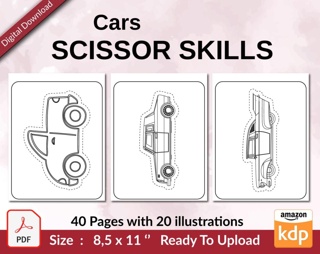 scissor skills printable, Cars Scissor Skills KDP interior Activity book For Kids aged 2-4 4-8, size 8.5×11 inch PDF FILE Used as Low Content Book, Ready To Upload COMMERCIAL Use