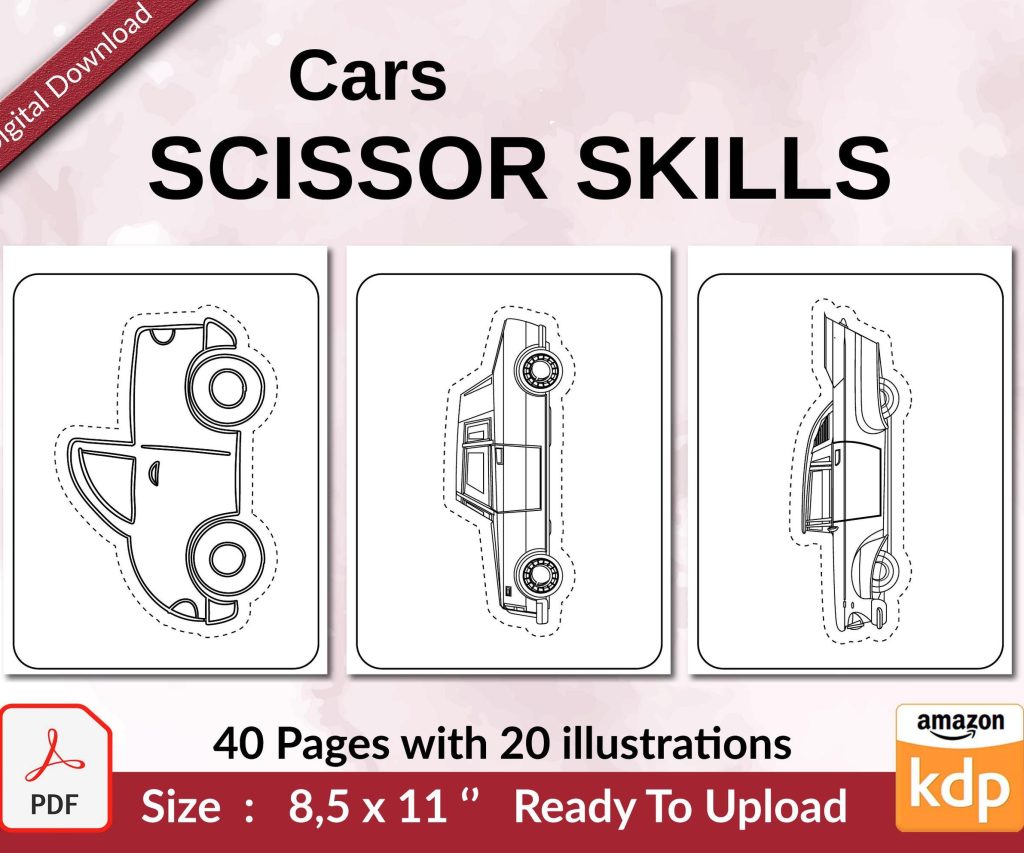 scissor skills printable, Cars Scissor Skills KDP interior Activity book For Kids aged 2-4 4-8, size 8.5×11 inch PDF FILE Used as Low Content Book, Ready To Upload COMMERCIAL Use