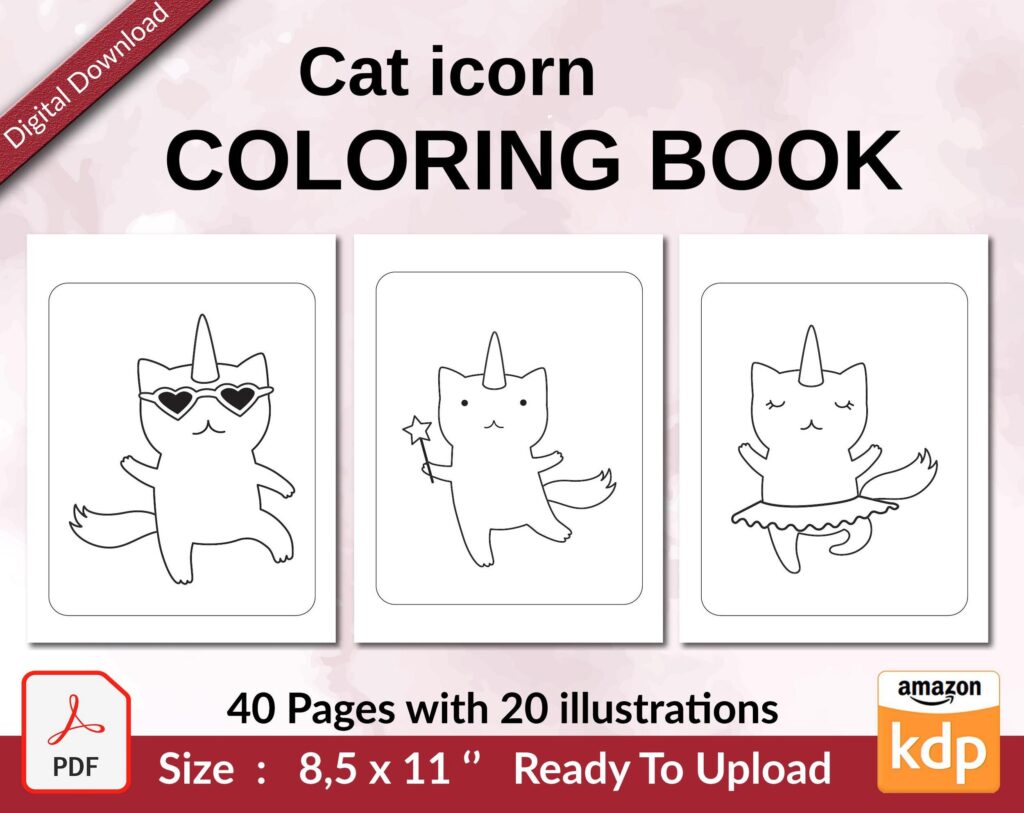 Caticorn Coloring pages book KDP interior For Kids aged 2-4 4-8, 8.5×11 PDF FILE Used as Low Content Book, Ready To Upload COMMERCIAL Use