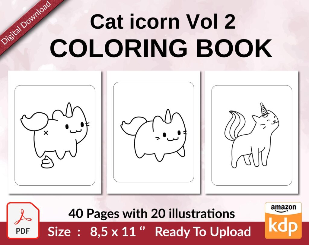 Caticorn Coloring book Vol 2 KDP interior For Kids aged 2-4 4-8, 8.5×11 PDF FILE Used as Low Content Book, Ready To Upload COMMERCIAL Use