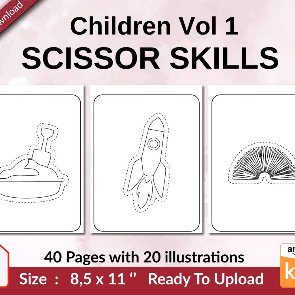 scissor skills development, Children Vol 1 Scissor Skills KDP interior Activity book For Kids aged 2-4 4-8, size 8.5×11 inch PDF FILE Used as Low Content Book, Ready To Upload COMMERCIAL Use