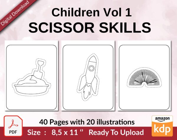 scissor skills development, Children Vol 1 Scissor Skills KDP interior Activity book For Kids aged 2-4 4-8, size 8.5×11 inch PDF FILE Used as Low Content Book, Ready To Upload COMMERCIAL Use