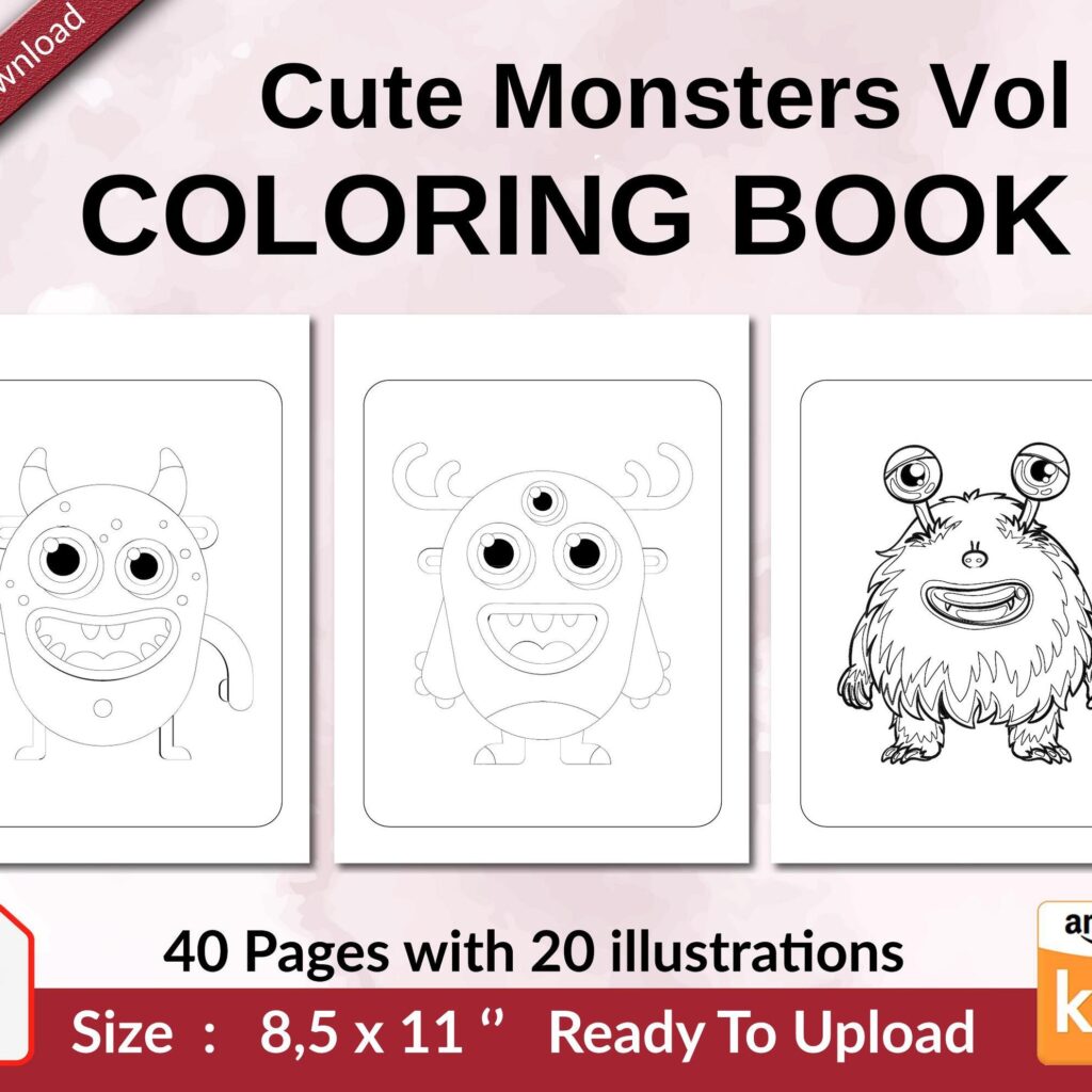 Cute Monsters Vol 5 Coloring book KDP interior For Kids aged 2-4 4-8, 8.5×11 PDF FILE Used as Low Content Book, Ready To Upload COMMERCIAL Use