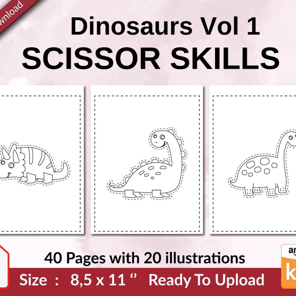 Dinosaurs Vol 1 Scissor Skills KDP interior Activity book For Kids aged 2-4 4-8, size 8.5×11 inch PDF FILE Used as Low Content Book, Ready To Upload COMMERCIAL Use