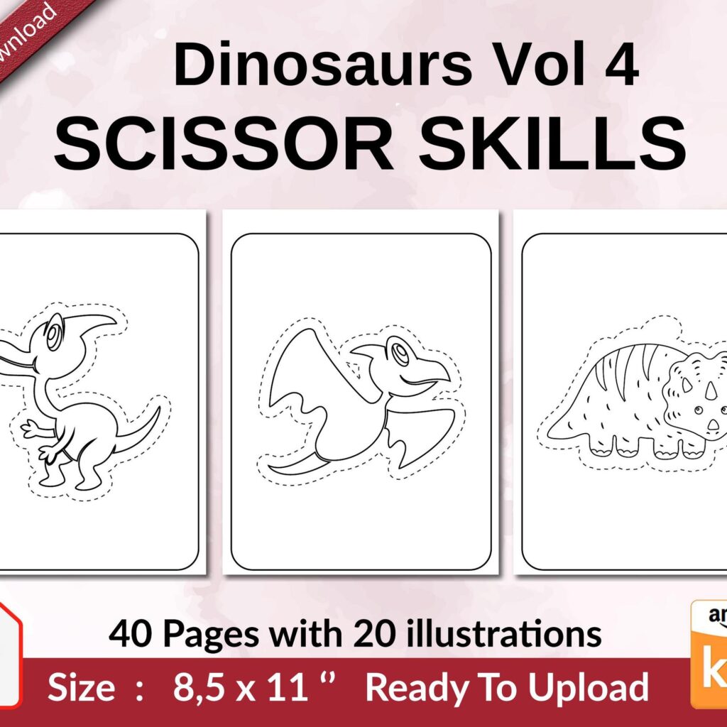 Dinosaurs Vol 4 Scissor Skills KDP interior Activity book For Kids aged 2-4 4-8, size 8.5×11 inch PDF FILE Used as Low Content Book, Ready To Upload COMMERCIAL Use