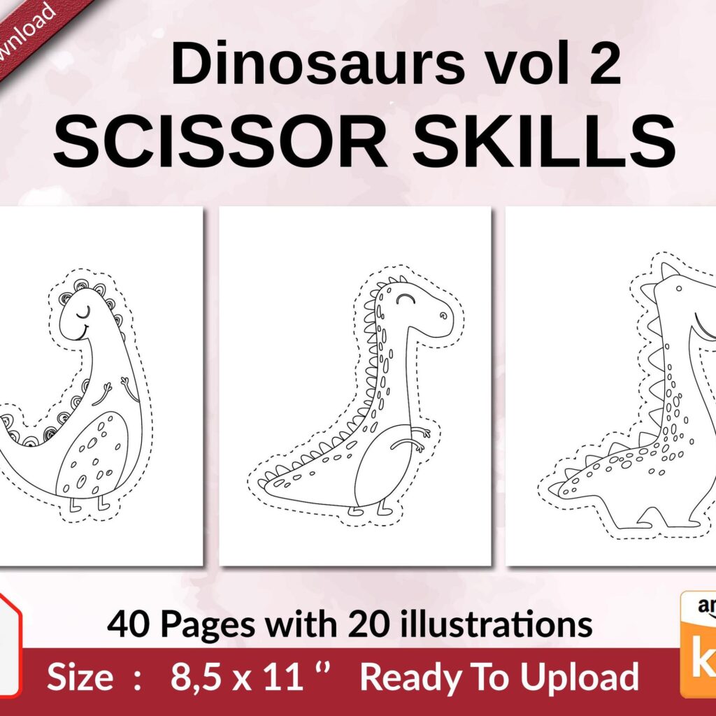 Dinosaurs vol 2 Scissor Skills KDP interior Activity book For Kids aged 2-4 4-8, size 8.5×11 inch PDF FILE Used as Low Content Book, Ready To Upload COMMERCIAL Use