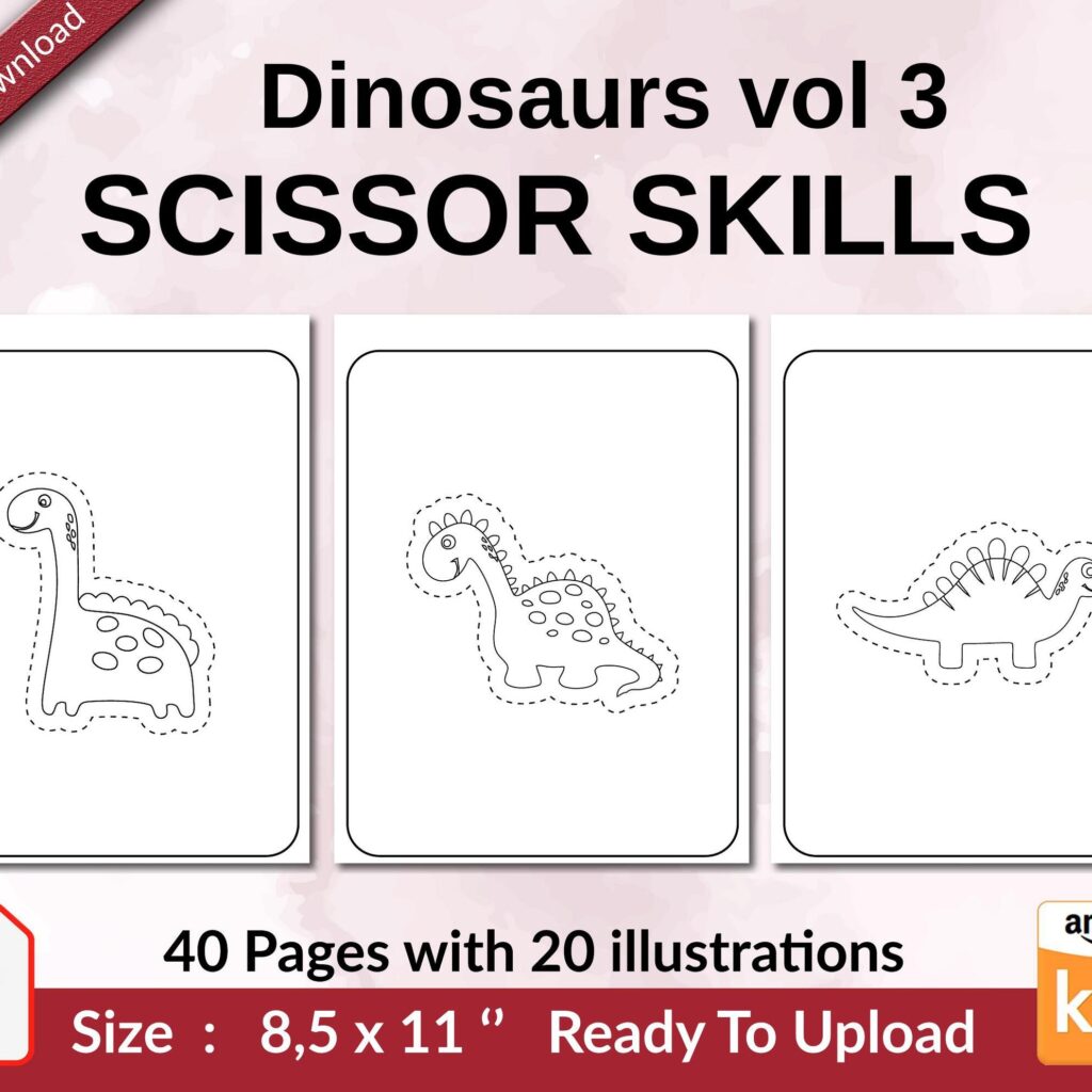 Dinosaurs vol 3 Scissor Skills KDP interior Activity book For Kids aged 2-4 4-8, size 8.5×11 inch PDF FILE Used as Low Content Book, Ready To Upload COMMERCIAL Use