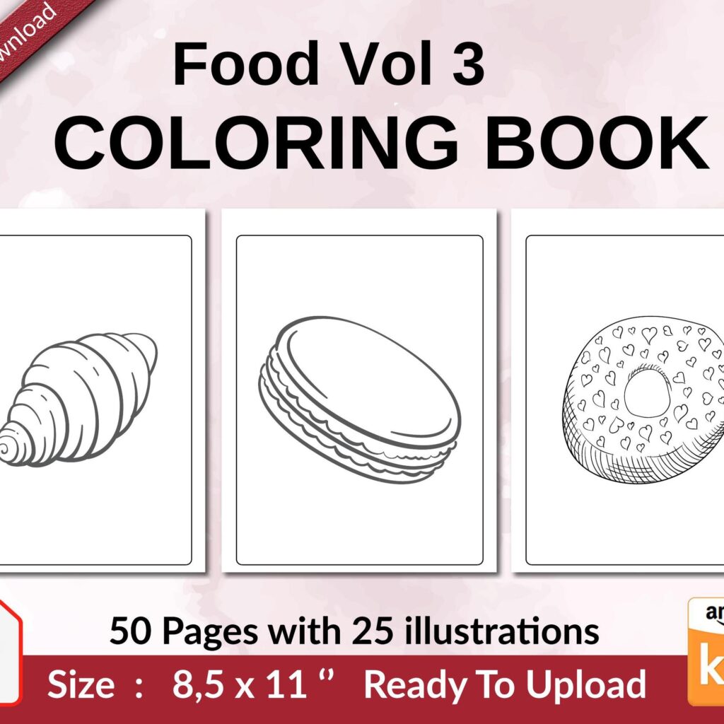 Food Vol 3 Coloring book KDP interior For Kids aged 2-4 4-8, 8.5×11 PDF FILE Used as Low Content Book, Ready To Upload COMMERCIAL Use