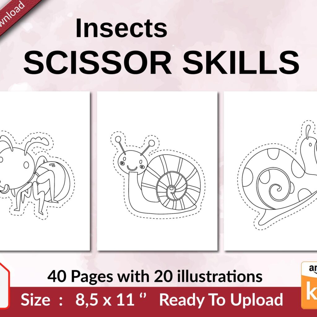 Insects Scissor Skills KDP interior Activity book For Kids aged 2-4 4-8, size 8.5×11 inch PDF FILE Used as Low Content Book, Ready To Upload COMMERCIAL Use