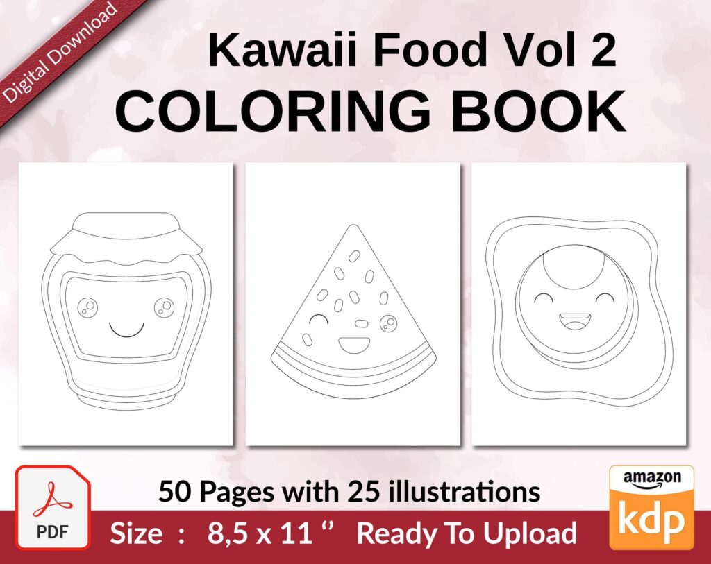 Kawaii Food Vol 2 Coloring book KDP interior For Kids aged 2-4 4-8, 8.5×11 PDF FILE Used as Low Content Book, Ready To Upload COMMERCIAL Use