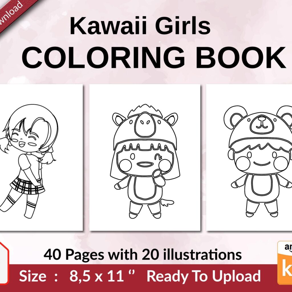 Kawaii Girls Coloring book KDP interior For Kids aged 2-4 4-8, 8.5×11 PDF FILE Used as Low Content Book, Ready To Upload COMMERCIAL Use