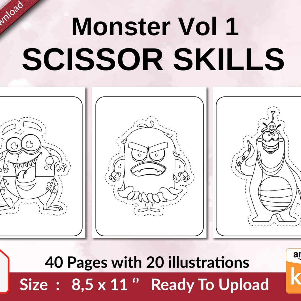 Monster Vol 1 Scissor Skills KDP interior Activity book For Kids aged 2-4 4-8, size 8.5×11 inch PDF FILE Used as Low Content Book, Ready To Upload COMMERCIAL Use
