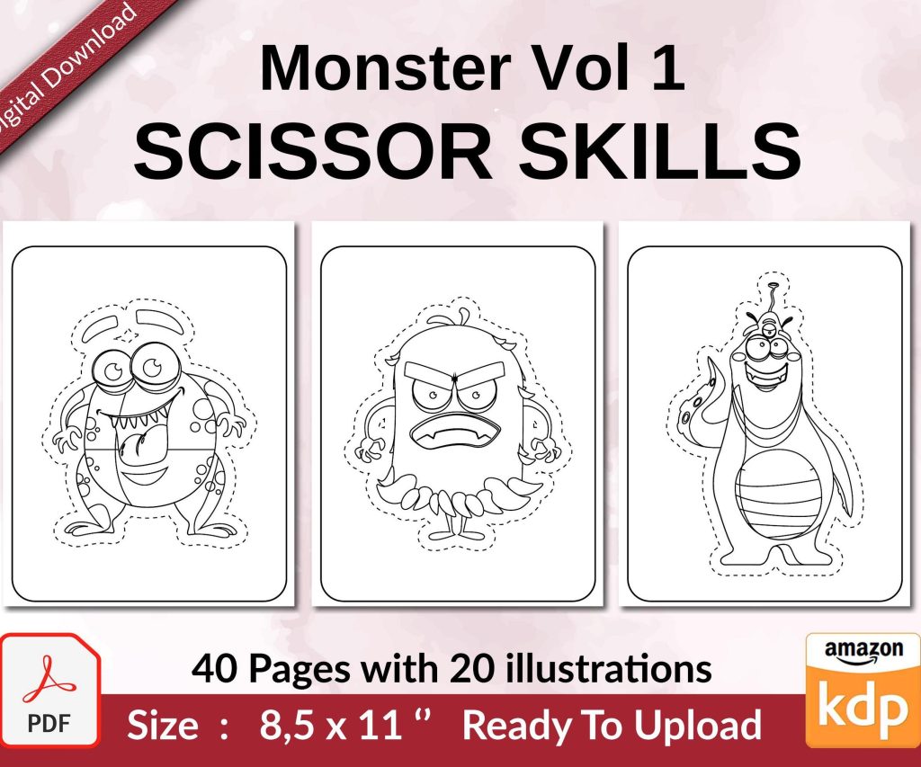 Monster Vol 1 Scissor Skills KDP interior Activity book For Kids aged 2-4 4-8, size 8.5×11 inch PDF FILE Used as Low Content Book, Ready To Upload COMMERCIAL Use