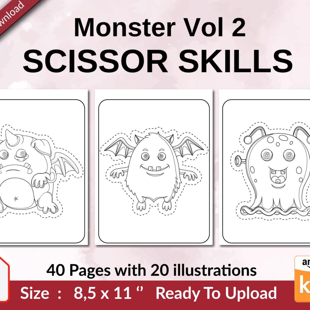 Monster Vol 2 Scissor Skills KDP interior Activity book For Kids aged 2-4 4-8, size 8.5×11 inch PDF FILE Used as Low Content Book, Ready To Upload COMMERCIAL Use