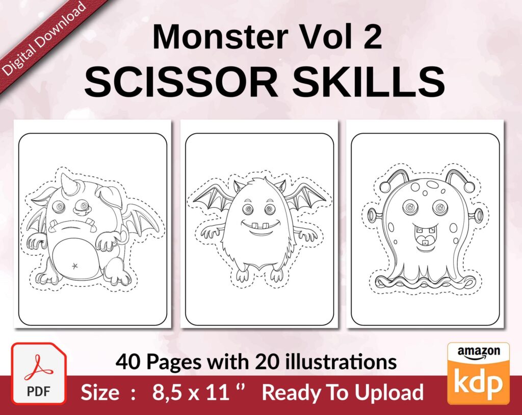 Monster Vol 2 Scissor Skills KDP interior Activity book For Kids aged 2-4 4-8, size 8.5×11 inch PDF FILE Used as Low Content Book, Ready To Upload COMMERCIAL Use