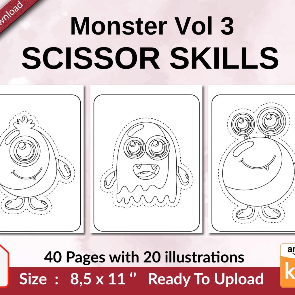 Monster Vol 3 Scissor Skills KDP interior Activity book For Kids aged 2-4 4-8, size 8.5×11 inch PDF FILE Used as Low Content Book, Ready To Upload COMMERCIAL Use