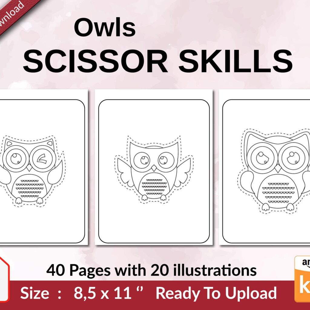 Owls Scissor Skills KDP interior Activity book For Kids aged 2-4 4-8, size 8.5×11 inch PDF FILE Used as Low Content Book, Ready To Upload COMMERCIAL Use