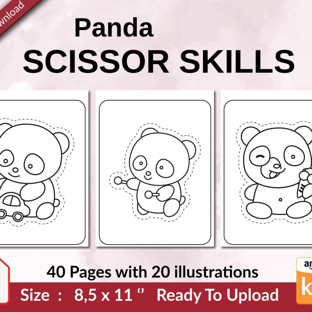 Panda Scissor Skills KDP interior Activity book For Kids aged 2-4 4-8, size 8.5×11 inch PDF FILE Used as Low Content Book, Ready To Upload COMMERCIAL Use