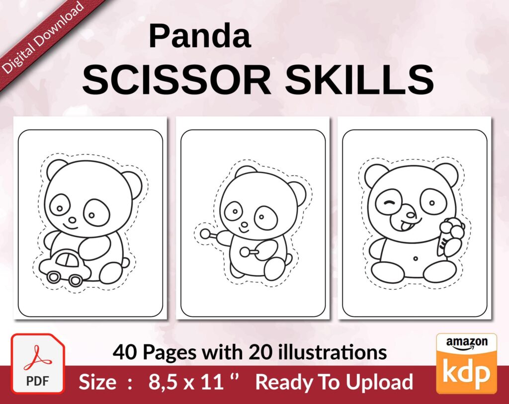 Panda Scissor Skills KDP interior Activity book For Kids aged 2-4 4-8, size 8.5×11 inch PDF FILE Used as Low Content Book, Ready To Upload COMMERCIAL Use