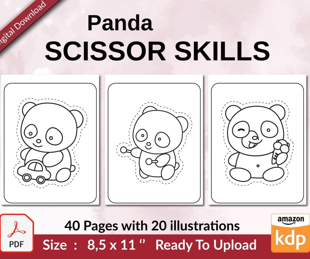Panda Scissor Skills KDP interior Activity book For Kids aged 2-4 4-8, size 8.5×11 inch PDF FILE Used as Low Content Book, Ready To Upload COMMERCIAL Use