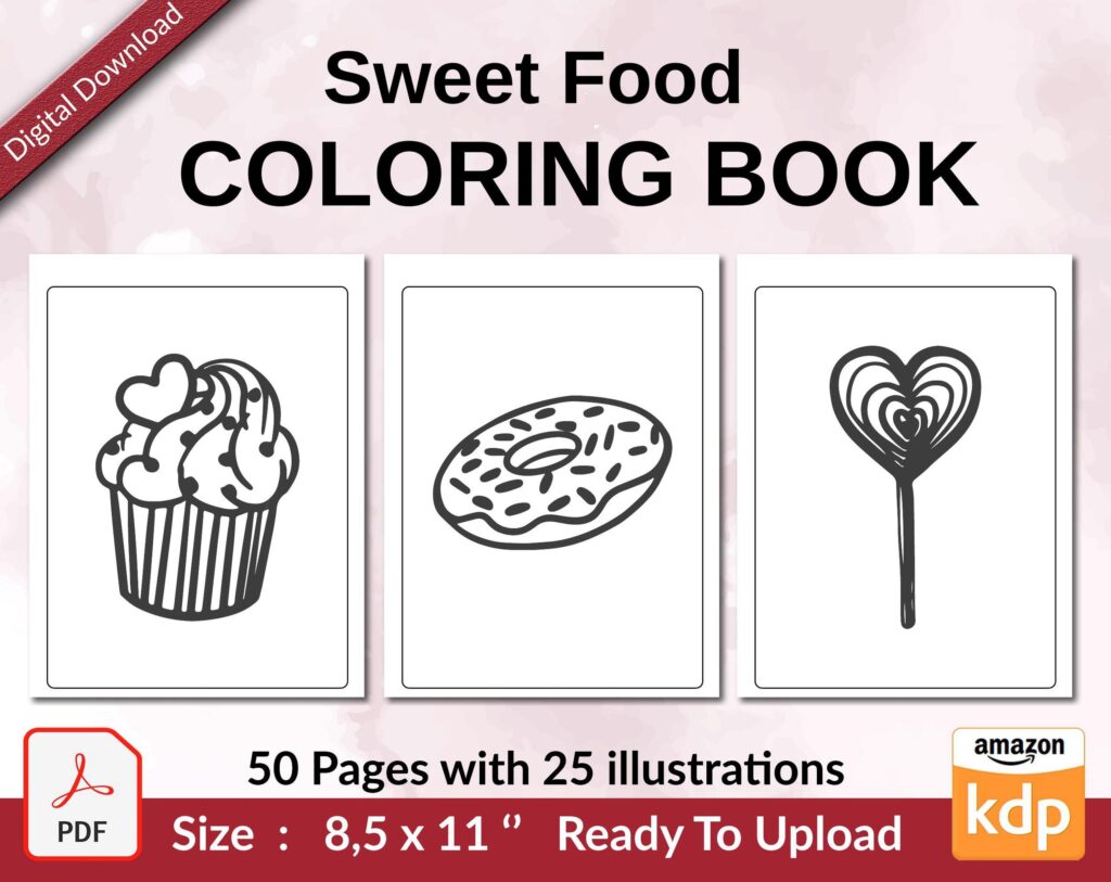 Sweet Food Coloring book KDP interior For Kids aged 2-4 4-8, 8.5×11 PDF FILE Used as Low Content Book, Ready To Upload COMMERCIAL Use