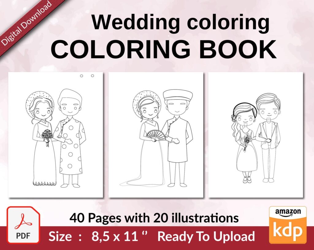 Wedding coloring Coloring book KDP interior For Kids aged 2-4 4-8, 8.5×11 PDF FILE Used as Low Content Book, Ready To Upload COMMERCIAL Use