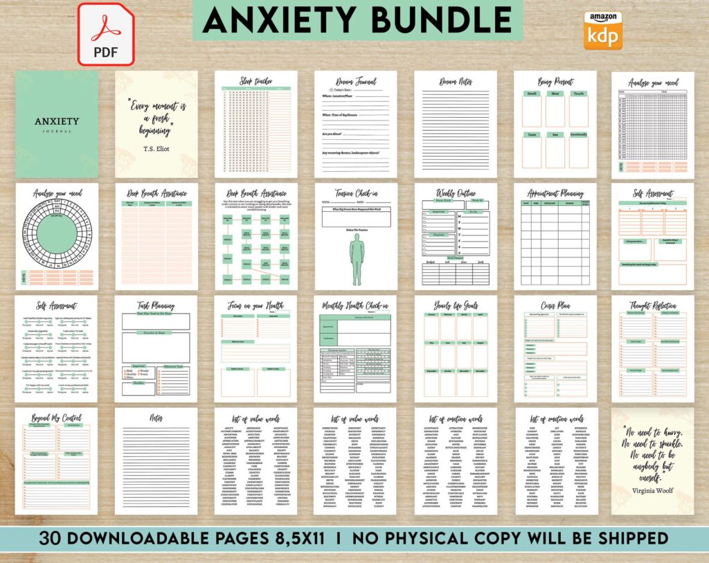 Anxiety Journal Printable PDF with questions, Therapy workbook 8.5×11″ 30 pages, KDP interior with prompt