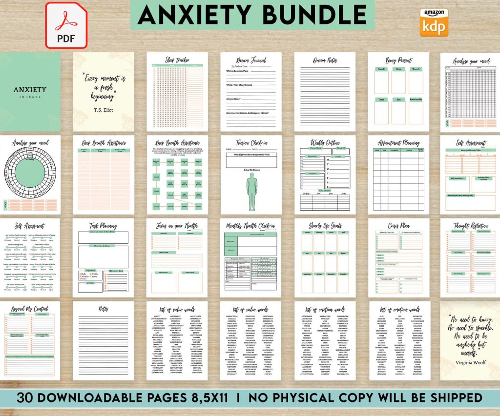 Anxiety Journal Printable PDF with questions, Therapy workbook 8.5×11″ 30 pages, KDP interior with prompt
