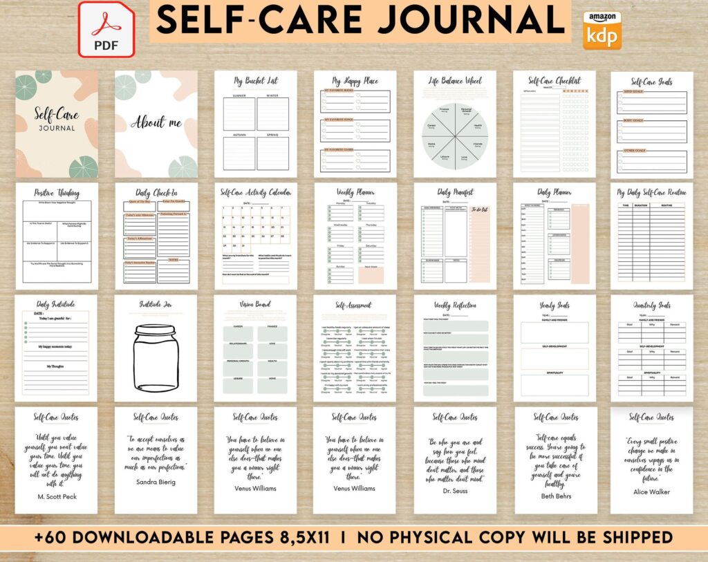 Self-care self love wellness, guided journal With Prompts 63 Pages PDF, 8.5×11″ KDP Planner PDF interiors Bundle COMMERCIAL Use
